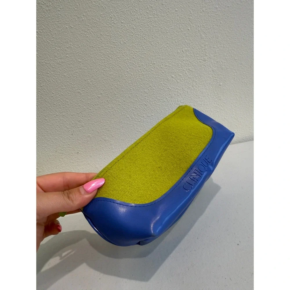 Clinique Makeup Bag Lime Green Felt Cobalt Blue Zip Pouch Cosmetic Case